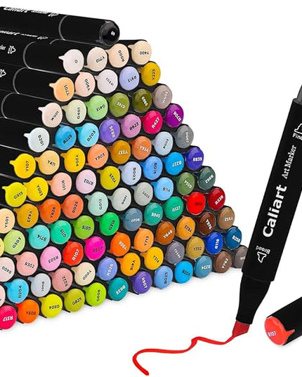 Caliart Markers, 100 Colors Dual Tip Art Markers Sketch Pens Permanent Alcohol Based, with Case for Adults Artists Drawing Illustration Sketching Coloring (Black Barrel)