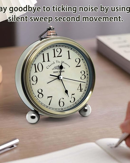 Oxmidud 5'' Retro Vintage Metal Desk Alarm Clock - Non-Ticking Silent Analog Table Clocks - Battery Operated Quartz Clock for Bedside Desk Table Bedrooms Living Room Home Office Decor