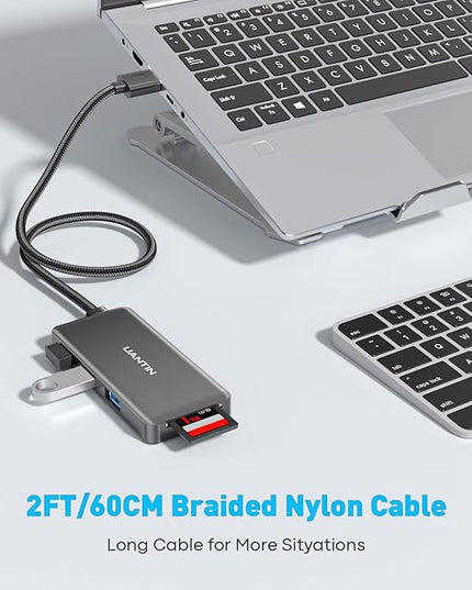 USB Hub for Laptop | 5-Port USBA Splitter with 3*USB-A 3.0 and SD/TF Card Reader 2FT Braided Nylon Cable, Multi-Port USB Extender for PC, MacBook, Mac mini, Surface, Desktop