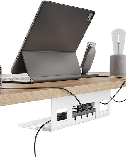 Under Desk Cable Management Tray, 15.7 Inches Metal Cord Organizer Rack, Desk Tray for Power Strip, Cord, Wire, Easy Mounting Cable Management Under Table for Home Office, White