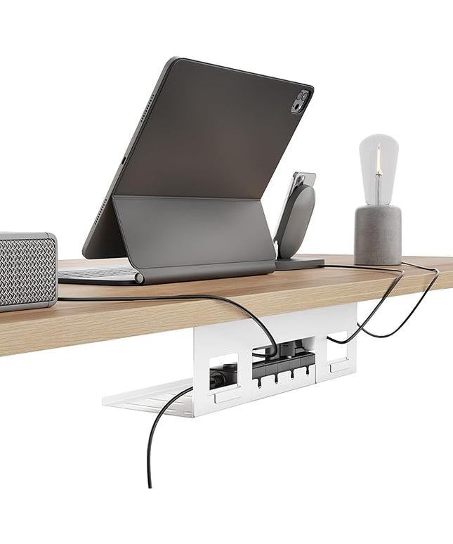 Under Desk Cable Management Tray, 15.7 Inches Metal Cord Organizer Rack, Desk Tray for Power Strip, Cord, Wire, Easy Mounting Cable Management Under Table for Home Office, White