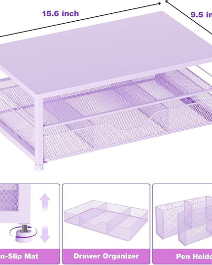 OPNICE Desk Organizers and Accessories, 2-Tier Computer Monitor Stand Riser with Drawer and 2 Pen Holders, Laptop Stand, Office Desk Accessories & Office Decor for Women, Purple