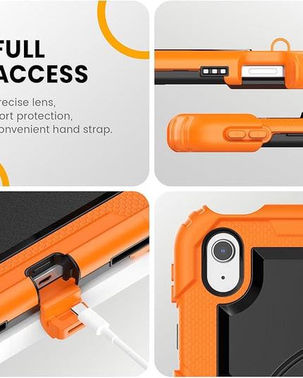 timecity for iPad (A16) 11th/ 10th Generation Case 11''/ 10.9 Inch (2025/2022) - Heavy Duty Protective Cover with Screen Protector, Stand, Shoulder Strap & Pencil Holder | Kids-Friendly - Orange