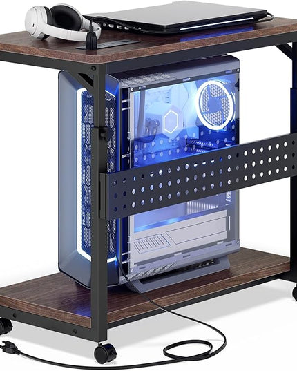 Computer Tower Stand with Power Strips, 4 Levels Manual Height Adjustable PC Tower Stand for Under Desk, Mobile Rolling CPU Holder, Computer Cart with Wheels, 24", Black Walnut