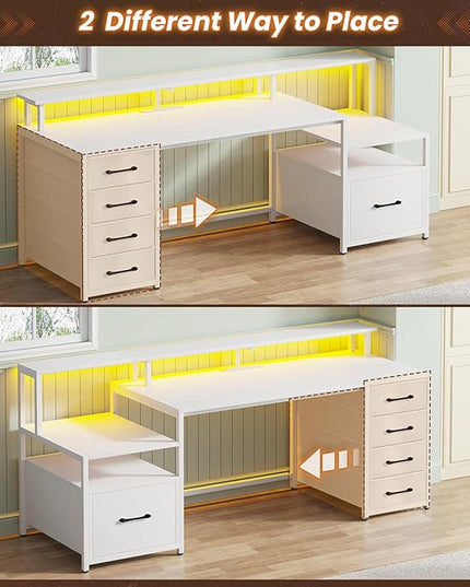 SEDETA White Computer Desk with 5 Drawer & Power Outlet, 66'' Home Office Desk with File Drawer, Storage Shelves, Printer Cabinet and Monitor Shelf, Gaming Desk with Led Lights