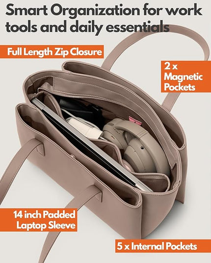 Work Tote Bags for Women 14 Inch - Work Bag Laptop Bag with Zip Compartments - Large PU Leather Office Computer Briefcase