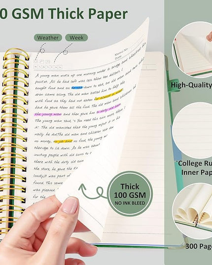Hardcover Spiral Notebook Journal, 8"x10" Large B5 Notebooks with Removable Dividers Tabs, 300 Pages Leather 5 Subject Notebook College Ruled, Journal for Work School Note, 100 GSM Thick Paper,Green.