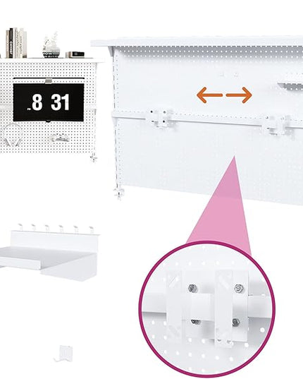 KEIKI Metal Pegboard Desk Organizer with Dual Monitor Stand, 59" x 35" Large Desk Peg Board with Hooks & Movable Panel, Office Organization and Storage Shelf for Gaming or Workstation Setup, White