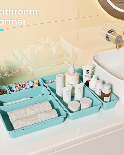 A-LuGei 【𝟮𝟴𝗣𝗖𝗦】 【𝟱𝗦𝗶𝘇𝗲】 BlueGreen Drawer Organizer, Makeup organizer, 【Holds 177 Items】 Bathroom Organizers and Storage, Plastic Desk Organizer Divider, Organizer Bins for Office Vanity