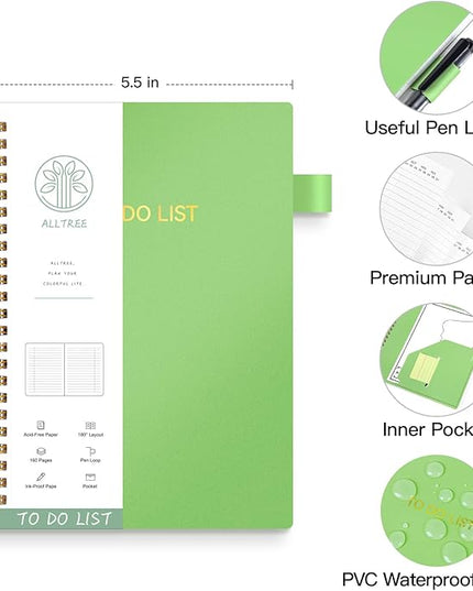 ALLTREE To Do List Notepad Spiral Planner, Daily Task Tracker with Wide lined Notebooks, Work Planner with Pocket, Pen Loop, 160 Pages, Green (5.5"x8.5")