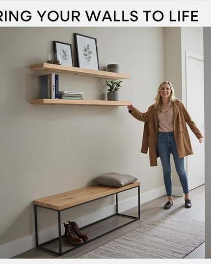 Homeforia 60 inch Natural Floating Shelf, High End Solid Real Wood 60inch Small Floating Shelves for Wall Mounted, Natural Wooden Floating Shelves, Heavy Duty Bracket, 60 X 6.5 X 1.75 in, Set of 2
