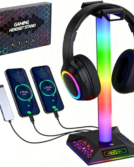 RGB Gaming Headset Stand, LED Headset Holder with 3 Charging Ports (2 USB & 1 Type-C) & 10 Lighting Modes, Headphone Stand Cool Stuff for Boys, Desk PC Gaming Accessories Gifts for Gamers Men Adult