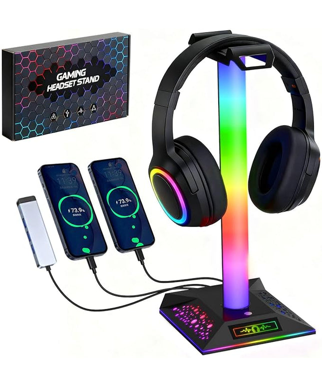 RGB Gaming Headset Stand, LED Headset Holder with 3 Charging Ports (2 USB & 1 Type-C) & 10 Lighting Modes, Headphone Stand Cool Stuff for Boys, Desk PC Gaming Accessories Gifts for Gamers Men Adult