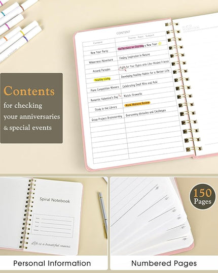 Lined Spiral Journal Notebook for Women, A5 Hardcover Notebooks for Work, 150 Numbered Pages Pink Notebook, 100GSM College Ruled Journals for Writing, Note Taking, 5.75" x 8.38"