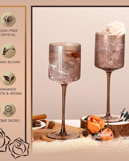 Smokey Gray Square Wine Glasses Set of 6, Elegant Ribbed Design Colored Crystal Glassware with Long Stem, 11.5oz Hand Blown Stemware For Red & White Wine Home Bar Party