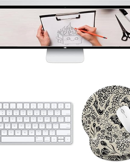 Goth Bat Floral Ergonomic Mouse Pad with Wrist Rest, Gothic Flowers Gaming Mousepad Wrist Support, Funny Computer Mouse Pad with Non-Slip PU Base for Desk Accessories Office Decor Supplies