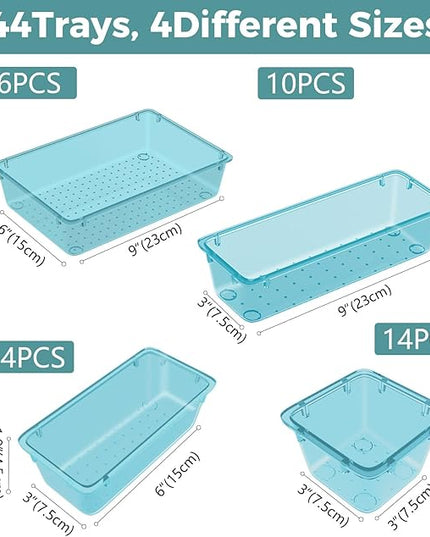 WOWBOX 44 PCS Clear Plastic Drawer Organizer Set, 6 Varied Size storage Bins and Desk Drawer Organizer Trays for Makeup, Gadgets, Jewelry and Utensils in Bathroom, Bedroom and Office, Clear Sea Blue