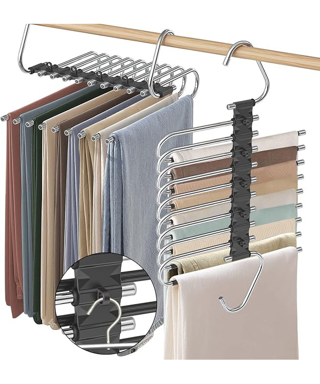 Upgrade 9 Layers Pants Hangers Space Saving, 2 Pack Non Slip Stainless Steel Multifunctional Pants Rack Closet Pant Hanger Organizer with Hooks for Pants Jeans Trousers Dorm Room Essentials, Black