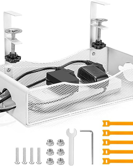 Extra Wide Under Desk Cable Management - No Drill Installation Cable Management Tray, Modern Cord Organizer for Office/Home Desk, Fits Power Strips & Wires((White, XL)