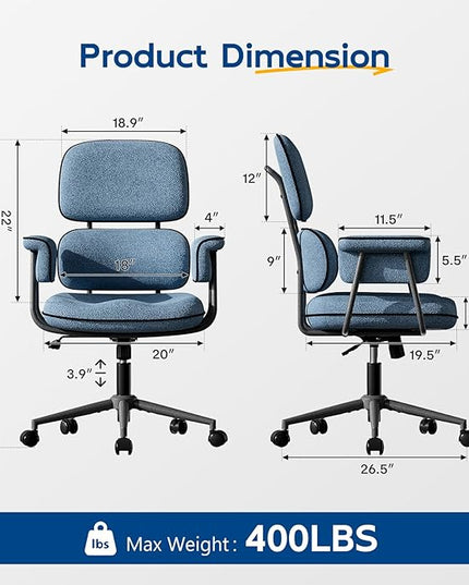Blue Desk Chair with Wheels and Wide Arms, Soft Granular Linen Fabric Office Chair, Mid Back Vintage Comfy Home Office Desk Chairs with Memory Foam Seat Cushion, Adjustable Height