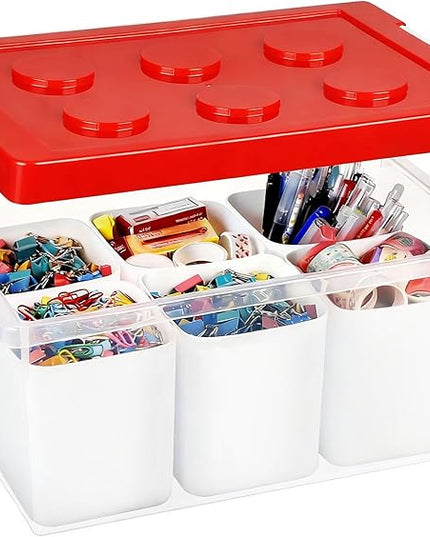 loobuu Plastic Storage Bins with Lids, Art Craft Supply Organizer Box with Brush Pot, Multipurpose Stackable Storage Containers for Organizing Tool, Craft, Crayon,Sewing (Red)