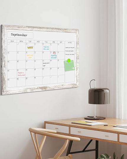 Monthly Dry Erase Calendar Whiteboard for Wall, 24" x 18" Magnetic White Board Calendar Board - Rustic Vintage Wooden Frame