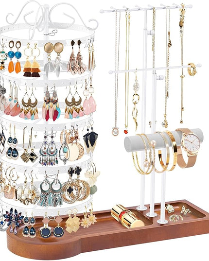 KALYLOC Jewelry Earring Holder Organizer, Adjustable 5 Tiers Rotating Earring Holder 3 Tier Necklace Holder with Wooden Base, Multi-Functional Jewelry Organizer Display Stand for Studs Bracelet Women