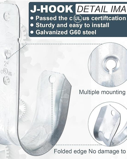 COCODE 25 Pack Wall Mount 2’’ J Hooks with Retainer Clip Galvanized Steel Cable Hangers Heavy Duty Utility Hooks Cable Management Support for Structured Cabling