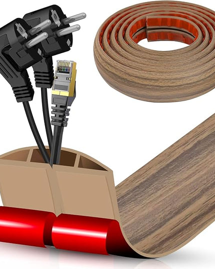 Floor Cord Cover Cavity 0.8"x0.37" Self Adhesive Cord Hider, 10FT Low Profile Cable Management, Extension Strip Protector for Wires, Prevent Cable Trips for Offices, Gyms,(Wood Smoked Brown)