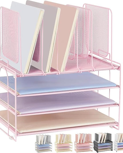 LEKETREE Desk Organizers and Accessories, 3-Tier Paper Organizer with 5 Vertical File Holders, File Organizer for Desk (Pink, 3T)