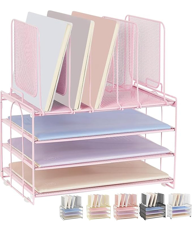 LEKETREE Desk Organizers and Accessories, 3-Tier Paper Organizer with 5 Vertical File Holders, File Organizer for Desk (Pink, 3T)