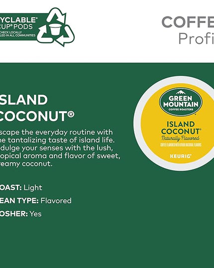 Green Mountain Coffee Roasters Island Coconut, Keurig Single-Serve K-Cup Pod, Flavored Light Roast Coffee Pods, 72 Count