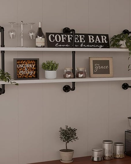 Industrial Pipe Shelving Rustic White Pipe Wall Shelves Industrial Shelves with Wood Planks Floating Shelves 60 Inch Farmhouse Bathroom,Kitchen Shelving Wall Mounted