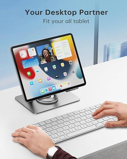 Tablet Stand Holder with 360° Rotating Base Dual Rod Aluminum Adjustable Tablet Stand for Desk Compatible with iPad Samsung Phone Kindle E-Reader and More, Black