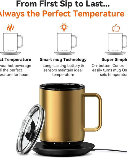 Vsitoo S3 Plus 14oz Heated Coffee Mug- Temperature Control Smart Mug with Mug Warmer, Auto-Sensing AI Heats Drinks to 120-150°F Hands-Free.Ideal for Home/Office/Gifts，Gold