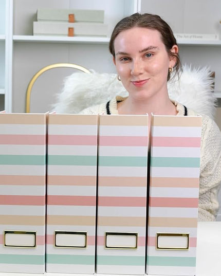 BLU MONACO Set of 4 Foldable Magazine Holders in Pastel Stripes | Cardboard Vertical File Organizer Boxes with Gold Label Holders | Stylish Paper Organizer for Desk, Office & Classroom