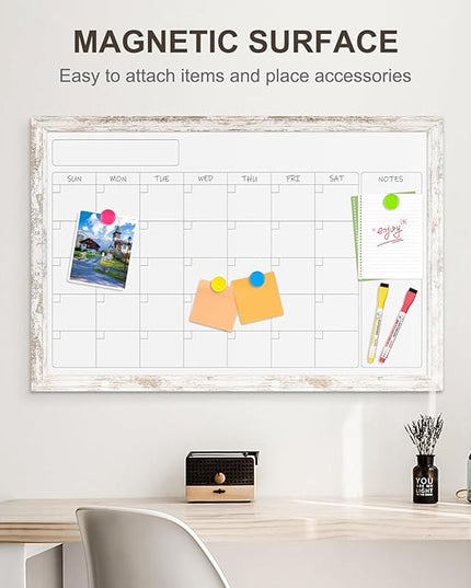Monthly Dry Erase Calendar Whiteboard for Wall, 36" x 24" Magnetic White Board Calendar Board - Rustic Vintage Wooden Frame