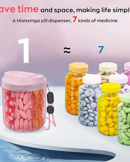 Pill Dispenser with 7 Large Compartments, Pill Bottle Organizer for Travel, Supplement Organizer with Anti-Mixing Design, Pink