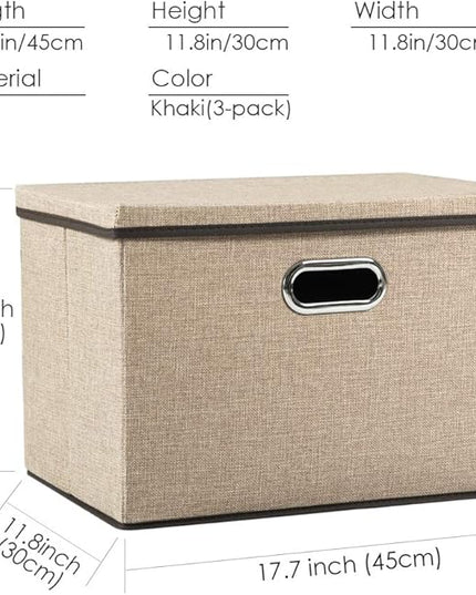 PRANDOM Large Collapsible Storage Bins with Lids [3-Pack] Jute Fabric Foldable Storage Boxes Organizer Containers Baskets Cube with Cover for Home Bedroom Closet Office Nursery (17.7x11.8x11.8)