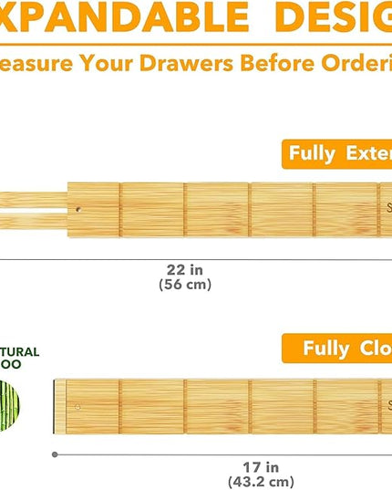 SpaceAid Bamboo Drawer Dividers with Inserts and Labels, Kitchen Adjustable Drawer Organizers, Expandable Organization for Home, Office, Dressers and Bathroom, 6 Dividers with 12 Inserts (17-22 in)