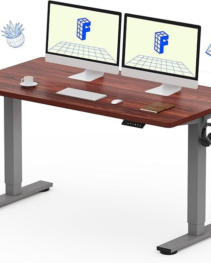 FLEXISPOT EN1 One-Piece Standing Desk, 55 x 28 Inches Electric Height Adjustable Stand Up Desk for Workstation (Silver Frame + Mahogany Top, 2 Packages)