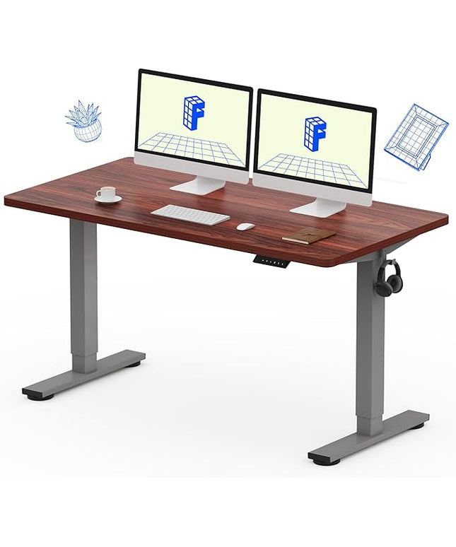 FLEXISPOT EN1 One-Piece Standing Desk, 55 x 28 Inches Electric Height Adjustable Stand Up Desk for Workstation (Silver Frame + Mahogany Top, 2 Packages)