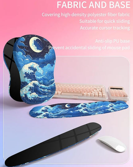 Hokafenle 2in1 Combination, Wave Keyboard Wrist Rest and Ergonomic Curvature Mouse Pad Wrist Support for Relieve Wrist Pain, Filled with Soft Cushion Memory Foam, Crescent Waves