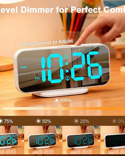 ALANAS Mirror Digital Alarm Clock, Dual Alarms with Snooze, 4-Level Dimmer, 2 USB Ports, Plug in Modern Alarm Clock for Bedrooms (Blue Digit)
