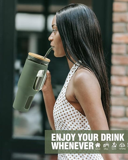 Glass Tumbler with Lid and Straw, 46 oz Iced Coffee Cup with Handle, Large Water Bottles with Silicone Sleeve, Glass Cup with Straws - Pearl Straw & Drinking Straw BPA Free-Olive
