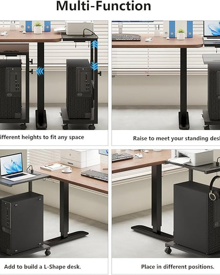 Computer Tower Stand with LED Light Strip,Mobile Rolling CPU Holder,Height Adjustable PC Tower Stand with Charging Station for Office Home (Black)