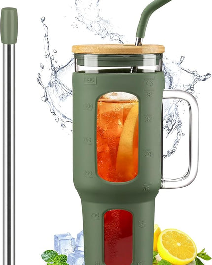 Glass Tumbler with Lid and Straw, 46 oz Iced Coffee Cup with Handle, Large Water Bottles with Silicone Sleeve, Glass Cup with Straws - Pearl Straw & Drinking Straw BPA Free-Olive