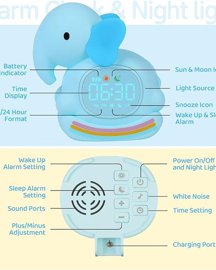 Alarm Clock for Kids with Night Light, Sleep Training Clock Time to Wake Clock, Rechargeable Silicone Light for Bedroom, Perfect Sleep Companion for Boys Girls，Blue Elephant