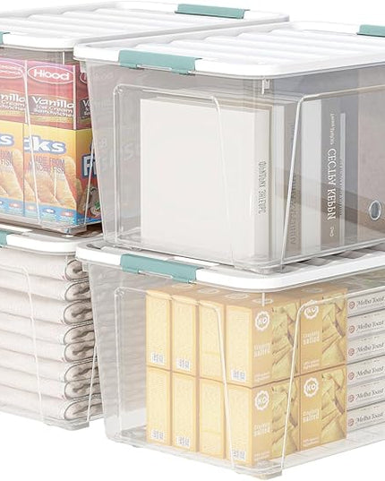 85-Quart Wheeled Latching Storage Box, Clear Stackable Organizer Box, Plastic Storage Bin Container with Latching Lids for Home Garage Organization (4 Pack)