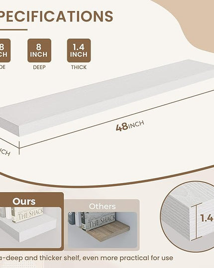 Dreamland 48 Inches Floating Shelves for Wall, 8" Deep Long Floating Shelves Set of 1, Large Display & Storage Shelf, Wall Shelf for Bathroom Bedroom Living Room Kitchen Office, White
